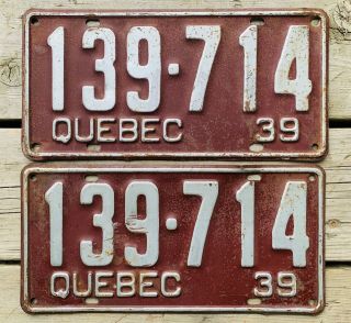 1939 Quebec License Plate Pair Canada // Maroon With Silver Lettering