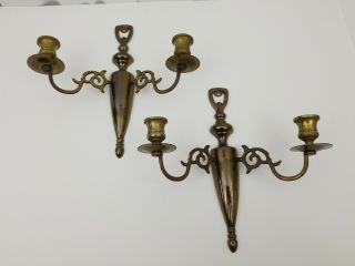 Vintage Solid Brass 2 Arm Wall Sconce Set Of 2 Candle Holders Marked Cm 10 " Tall