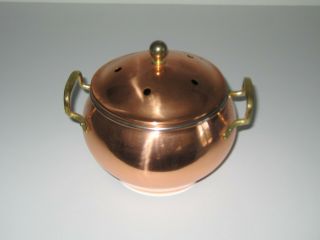 Copper Plated Potpourri Incense Pot With Lid And Brass Handles Vintage