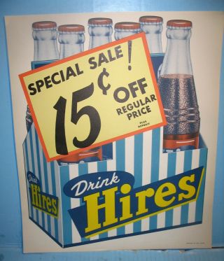 Hires Root Beer 15¢ Off Six Pack Paper Store Sign Vintage 1960s