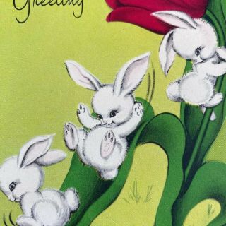 Vintage Mid Century Easter Greeting Card Cute Bunnies Sliding Down A Tulip