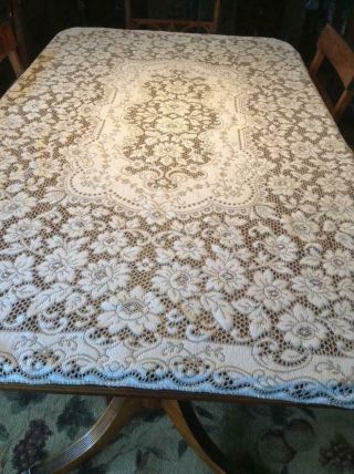 Vintage Quaker Lace Beige Cotton Tablecloth Floral Scalloped Edging 57x76