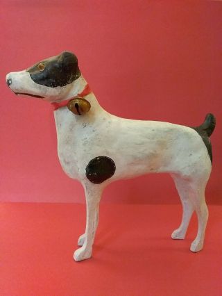 Antique German Paper Mache Putz Dog,  Terrier W/ Glass Eyes,  Bell & Stick Legs 6 "