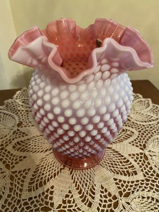 Vintage Fenton Cranberry Hobnail Opalescent 8 Inch Vase With Ruffled Top