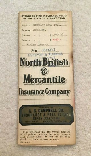 Vintage Ephemera Paper 1924 Insurance Co Mckeesport For Property In Elizabeth Pa