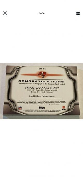 2014 Mike Evans Topps Platinum Awesome Patch Auto Autograph RC Rookie Refractor 3