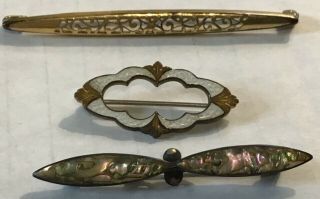 3 Vintage White Enamel Oval & Bar Gold Plate & Abalone Shell C Clip Pins