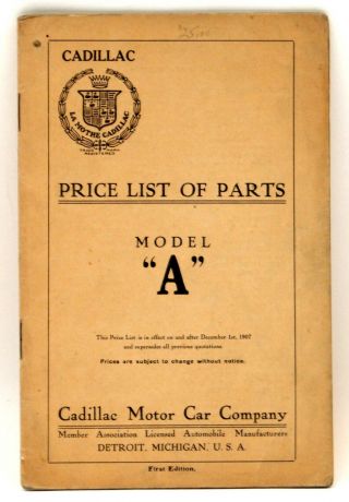 Rare Early Cadillac Model " A " Price List Of Parts 1st Edition,  Detroit,  Michigan