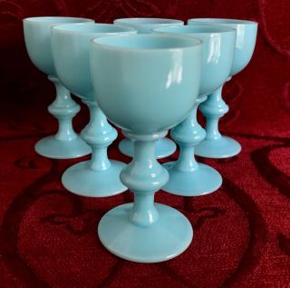 6 X Antique Portieux Vallerysthal Blue Milk Glass - Cordials/port/sherry,  France