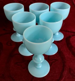 6 x Antique Portieux Vallerysthal Blue Milk Glass - CORDIALS/PORT/SHERRY,  FRANCE 2