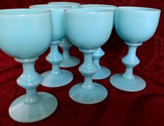 6 x Antique Portieux Vallerysthal Blue Milk Glass - CORDIALS/PORT/SHERRY,  FRANCE 3