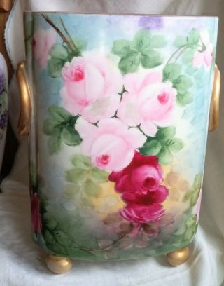 Antique Large Limoges Hand Painted Roses Cache Pot Vase