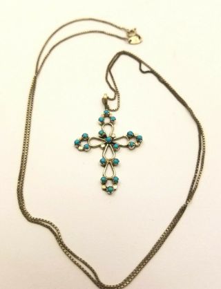 Vintage Navajo Sterling Silver & Turquoise Cross Pendant 28 " Chain