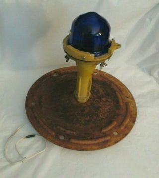 Vintage Airport Runway Light Cobalt Blue Glass Lens With Metal Stand