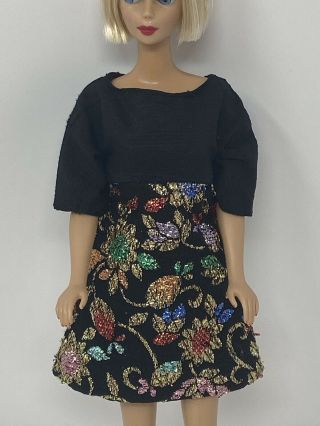 Vintage Barbie Clone Size Doll Clothes Outfit Black Metallic Brocade Mini Dress