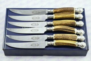 Six Limited Edition Stag Antler Handle Steak Knives Made In Sheffield