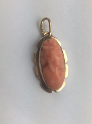 Antique Hand Carved Red Coral 18k Yellow Gold Cameo Pendant Charm