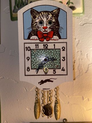 Vintage Mini Germany Wind Up Clock With Moving Eyes In The Cat Face