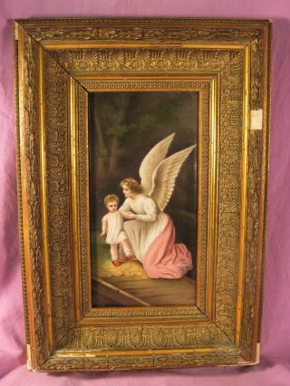 Splendid Antique Framed Painting On Porcelain Of A Guardian Angel