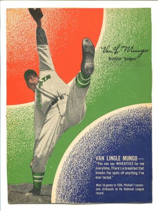 1937 Wheaties Series 9 Van Lingle Mungo (hand Cut) Brooklyn Dodgers
