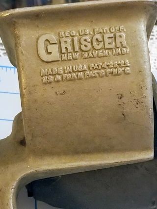 VINTAGE GRISCER MEAT GRINDER WITH 1 ATTACHMENTS PATENT 4 - 25 - 22 N.  H.  IND.  U.  S.  A. 2