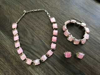 Vintage Coro Jewelry Necklace Bracelet Earrings Pink Lucite Confetti Squares