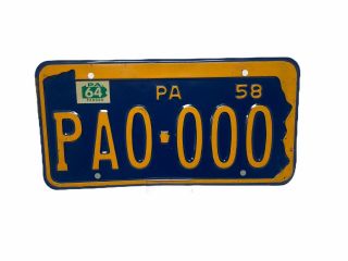 1958 Vintage Pennsylvania Pa Penna Sample License Plate Pa0 - 000 Pa0000 1964 64