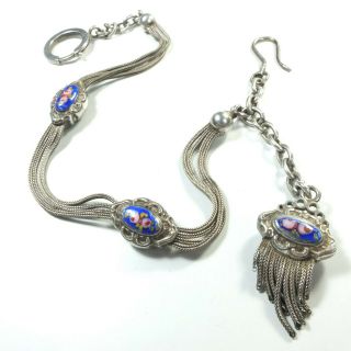 Antique French Silver Ladies Albertina Pocket Watch Chain,  Enamel Tassel/slides