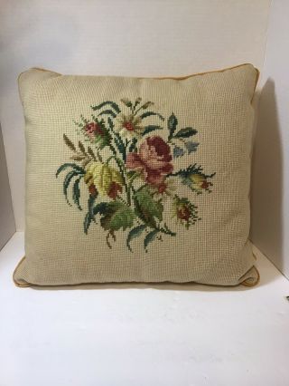 Vintage Wool Floral Needlepoint Throw Pillow French Country Decor 17 X 17