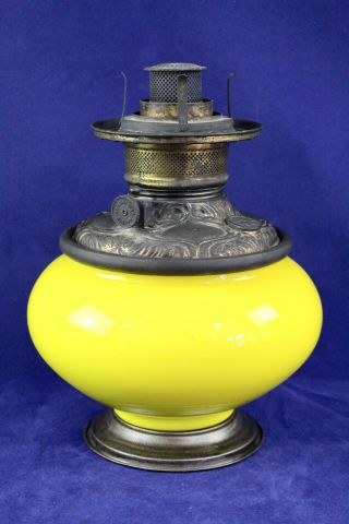 Antique Gwtw Yellow Oil Lamp Base With Font / Burner & National Flame Spreader