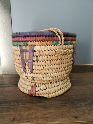 Vintage Hand Woven Coiled Grass Basket 5 7/8  T 6  Open Top