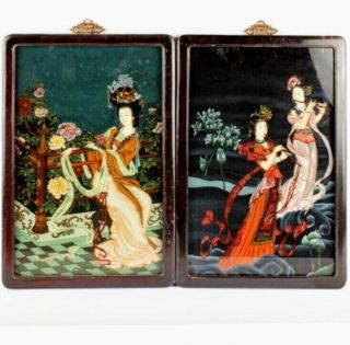 Chinese Export Reverse Painted Glass,  Painting Of Lady In Garden Flute
