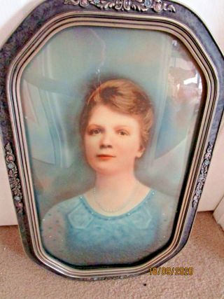Vintage Large Oval Convex Bubble Glass Wood Frame Color Photo Of A Woman