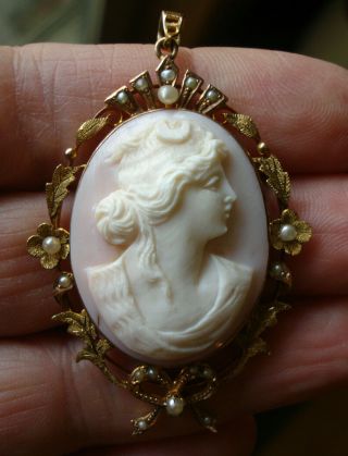Large 2,  " Antique Cameo 14kt Gold Pearl Pendant,  Goddess Diana Artemis,  8.  7gr