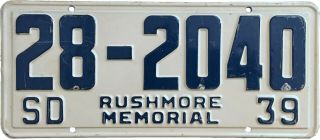 South Dakota 1939 Rushmore Memorial License Plate,  28 - 2040,  Haakon County