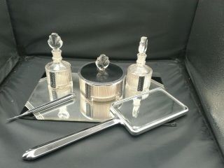 Vintage Art Deco Vanity Dresser Set & Mirrored Tray - Black,  Silver,