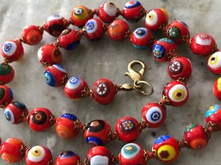 Fun Vintage Venetian Italian Art Glass Millefiori Beads Necklace Red Background