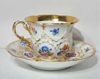 Antique Meissen Porcelain Cup & Saucer B Form W Gold & Flowers