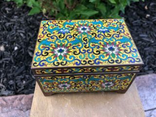 Chinese Cloisonne Enamel Box On Yellow Ground With Florals Antique Bronze
