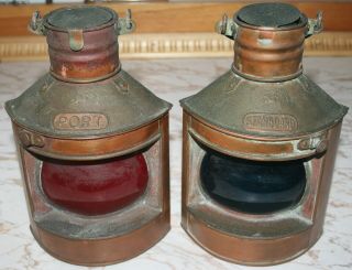 Vintage Tung Woo Port And Starboard Side Oil Burning Lanterns W/ Patina