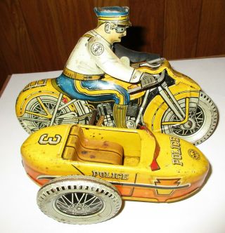 Antique Marx Tin Litho Wind - Up Toy 3 Police Squad Motorcycle With Sidecar