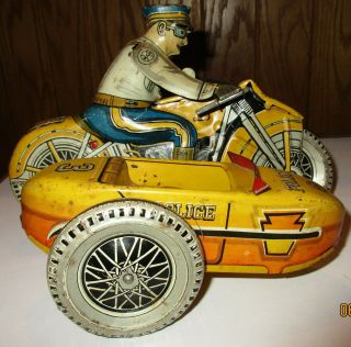 Antique Marx Tin Litho Wind - up Toy 3 Police Squad Motorcycle with Sidecar 3