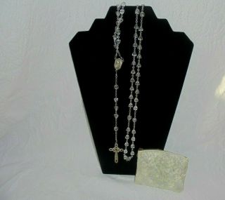 Vintage Sterling Silver Inri Cross Clear Crystal Prayer Beads Rosary& Pouch
