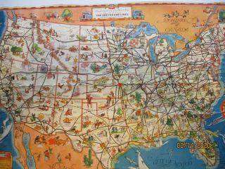 Vintage Pictorial Map Of Greyhound Bus Lines In The Us,  1934,  Very Colorful,  Funny