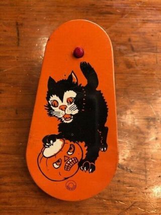 Antique Vtg 1950s - 60s Kirchhof Halloween Tin Litho Noisemaker Ratchet Cat