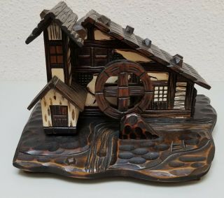 Vintage Japan Carved Wooden Cottage With Water Wheel Music Box