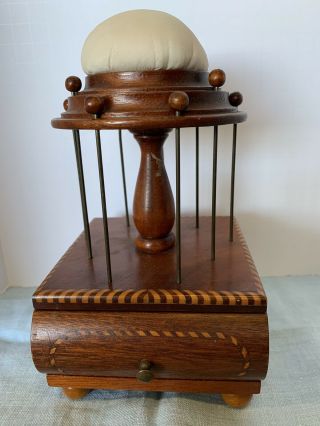 Antique Wood Sewing Caddy Pin Cushion Thread Spool Holder Thimble Needle Case