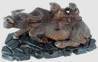 Water Buffalo With Monks Antique Carved Wood W Root Base Bone Teeth Chinese
