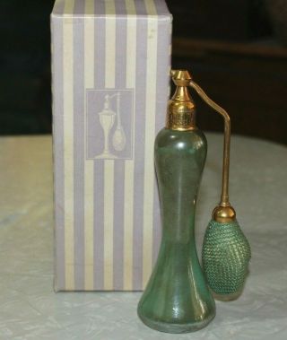 Vintage Art Deco Iridescent Jade Green Perfume Automizer Bottle & Box