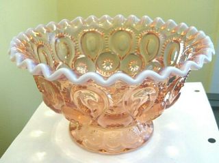 Vintage L.  G.  Wright Pink Moon & Stars Opalescent Footed Bowl Ruffled & Crimped